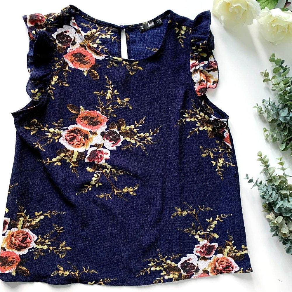 Shein Navy Blue Floral Ruffle Sleeveless Top